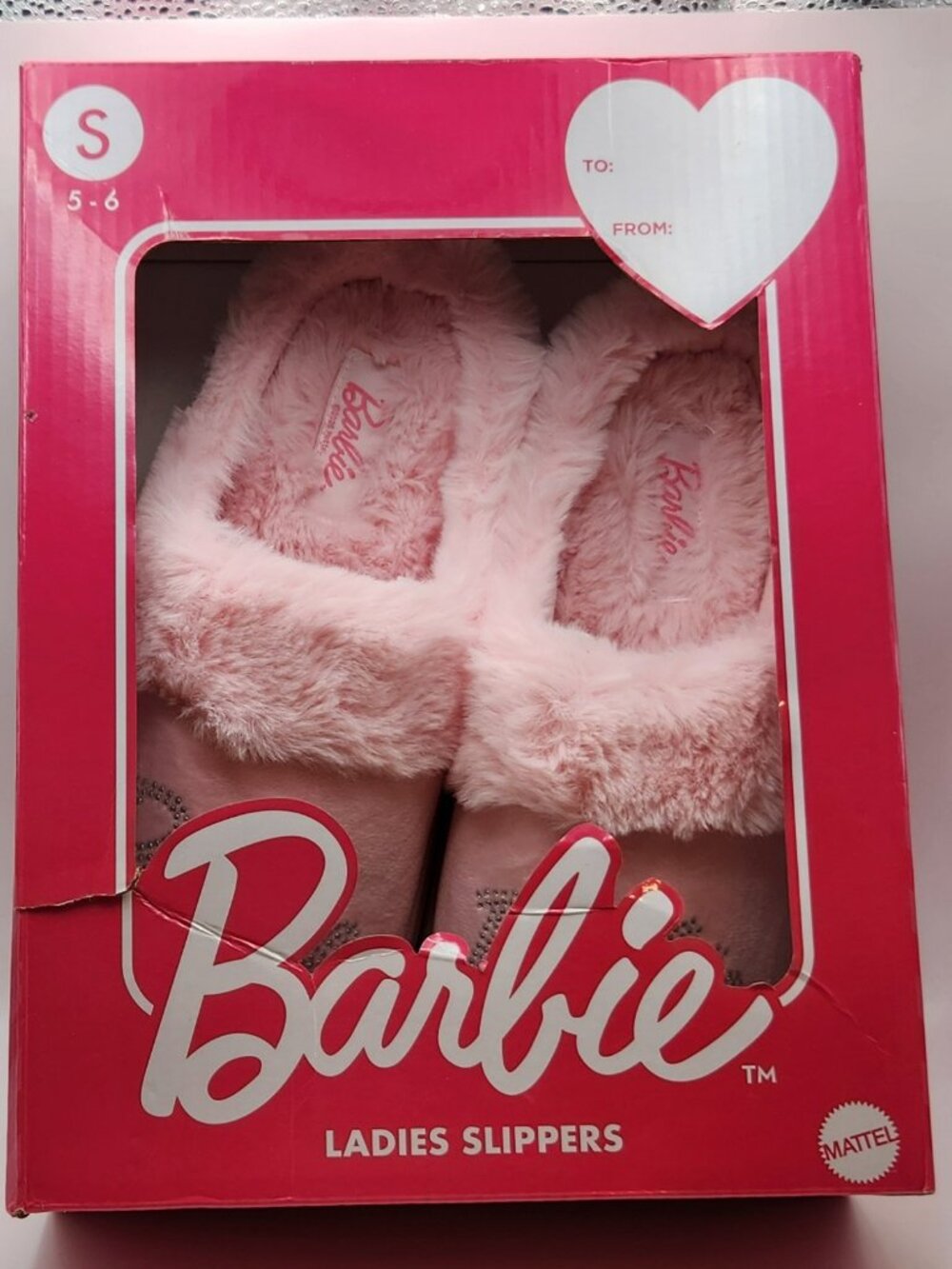 Barbie ladies slippers sz S 5-6 pink fuzzy cushioned NIB